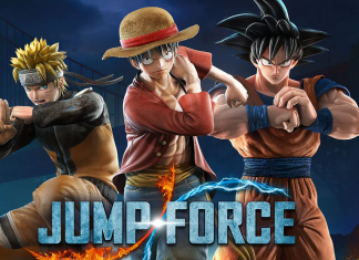 Jump Force title with Naruto, Luffy, and Goku in the background