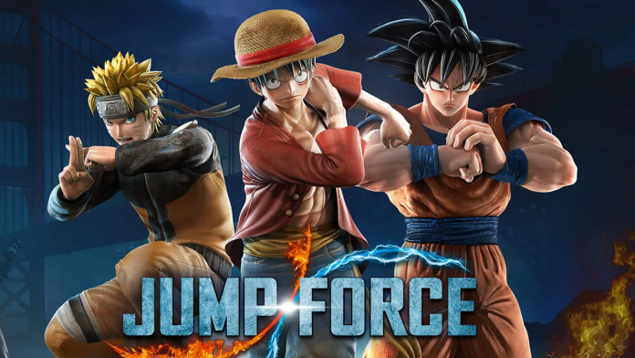 Jump Force title with Naruto, Luffy, and Goku in the background