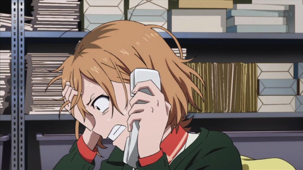 shirobako anime screencap of a frustrated anime production worker on the phone