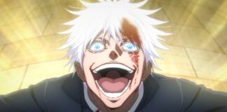 gojo from the jujutsu kaisen anime, laughing with a bloody face