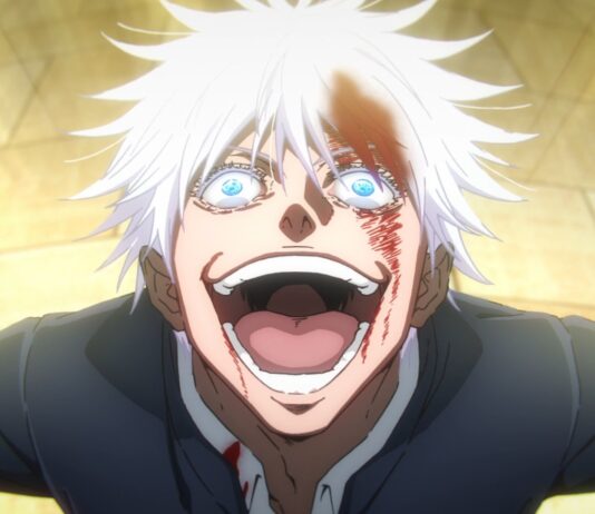 gojo from the jujutsu kaisen anime, laughing with a bloody face