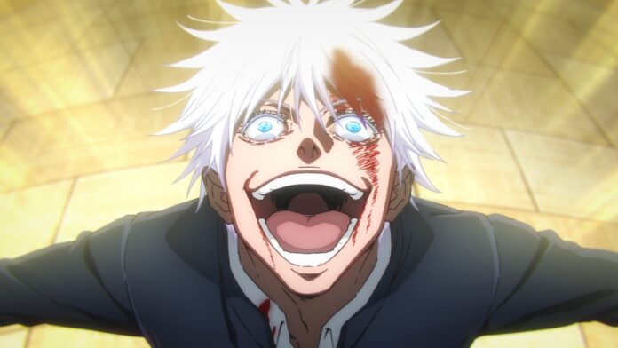 gojo from the jujutsu kaisen anime, laughing with a bloody face